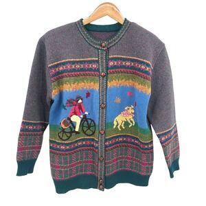 VTG Wool Knit Cardigan M Scenic Bicycle Dog Sweater Artsy Cottage Indie Whimsy